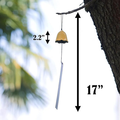 Japanese Wind Chime Cast-Iron Outdoor Ornament for Garden, Patio & Balcony, Hanging Metal Wind-Bell Decoration Gift, Blessing Pendant Windchimes & PVC Wind-Catcher, Yellow Flower