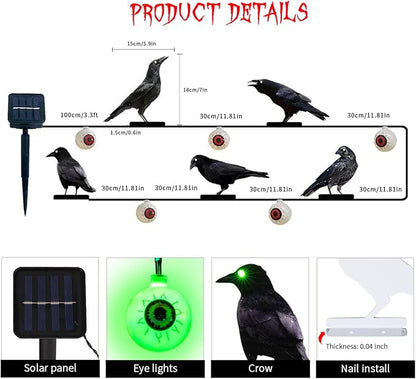 Halloween Outdoor Decor Metal Crow and Eyeball Solar Powered Lights Gothic Yard String Lights, Mini Garden Ornaments, Fence Toppers, Halloween Party and Home Decor (Set of 5)