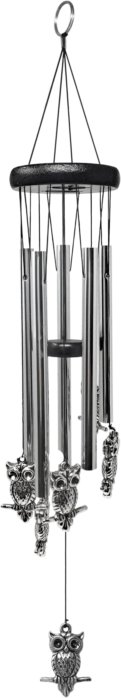 Owl Windchimes - Silver Metal Owls - Mobile Musical Wind Chime - Porch Deck Garden - 26" Long