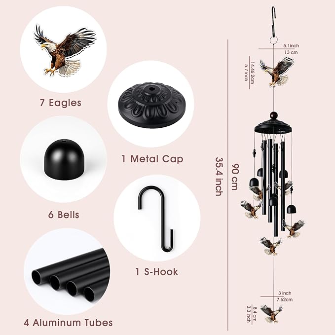 Eagle Wind Chimes for Outside, Black Metal Acrylic Windchimes Outdoors, Eagle Gifts for Women Men, Garden Yard Decor, Memorial/Birthday Gifts for Grandma Mom, Durable Chimes for Outdoors