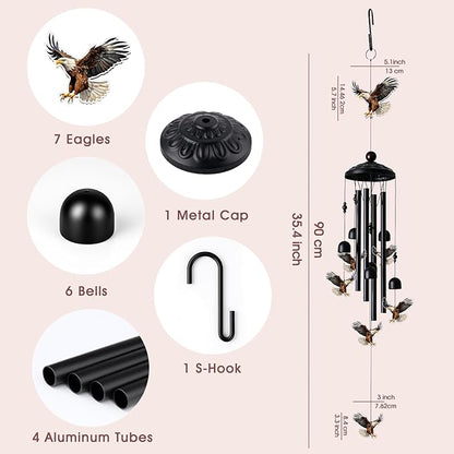 Eagle Wind Chimes for Outside, Black Metal Acrylic Windchimes Outdoors, Eagle Gifts for Women Men, Garden Yard Decor, Memorial/Birthday Gifts for Grandma Mom, Durable Chimes for Outdoors