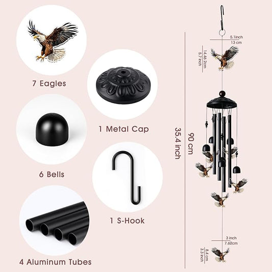 Eagle Wind Chimes for Outside, Black Metal Acrylic Windchimes Outdoors, Eagle Gifts for Women Men, Garden Yard Decor, Memorial/Birthday Gifts for Grandma Mom, Durable Chimes for Outdoors