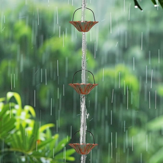10 FT Lotus Rain Chain, Rain Chains for Gutters with 12 Bronze Cups, Adjustable Rain Catcher Chain with Bell for Eaves Drainage, Replacement for Downspout