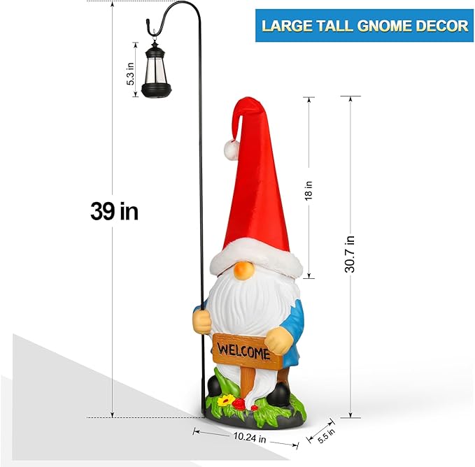 Enrichoice 39" Tall Large Garden Gnomes Outdoor with Solar Lantern, Weatherproof PVC Gnomes Decorations for Yard Statue with Ground Stake for Lawn, Pathway, Patio & Porch Decor (Excluding Battery)