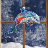 Dolphin Stained Glass Ornament, Ocean Marine Life Window Hanging Suncatcher Acrylic Decor, Nautical Animal Ornament for Home, Car Mirror, Beach House, Collectible Gift for Dolphin Lovers(Sun-08)