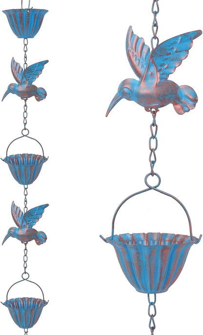 Rain Chain, 7.9 Feet Decorative Downspout, Adjustable Hanging Rain Hutter Chain Downspout Substitute for Garden Drainage & Eaves, Rust Proof Metal with 7 Birds and 7 Cups