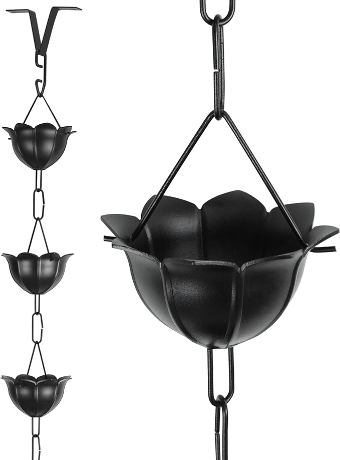 Gardzen Aluminum Rain Chain for Gutter, 8.5 Feet Decorative Rainchain with 13 Flower Cups, Heavy Duty Outside Rain Catcher for Eaves Drainage, Black