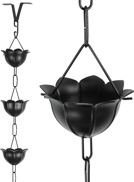 Gardzen Aluminum Rain Chain for Gutter, 8.5 Feet Decorative Rainchain with 13 Flower Cups, Heavy Duty Outside Rain Catcher for Eaves Drainage, Black
