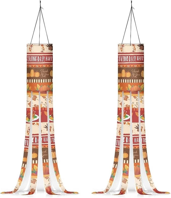 Maple Leaf Turkey Pumpkin Hanging Windsock 2 Pieces, Lightweight Machine Washable Fabric Polyester Outdoor Hanging Wind Socks, Home Yard Patio Lawn Garden Thanksgiving Decor