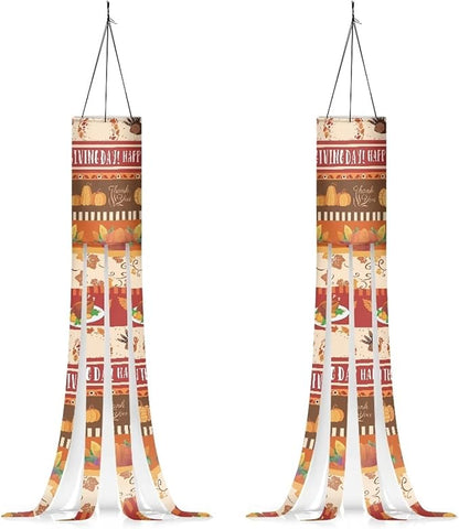 Maple Leaf Turkey Pumpkin Hanging Windsock 2 Pieces, Lightweight Machine Washable Fabric Polyester Outdoor Hanging Wind Socks, Home Yard Patio Lawn Garden Thanksgiving Decor