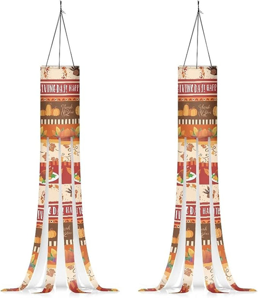 Maple Leaf Turkey Pumpkin Hanging Windsock 2 Pieces, Lightweight Machine Washable Fabric Polyester Outdoor Hanging Wind Socks, Home Yard Patio Lawn Garden Thanksgiving Decor