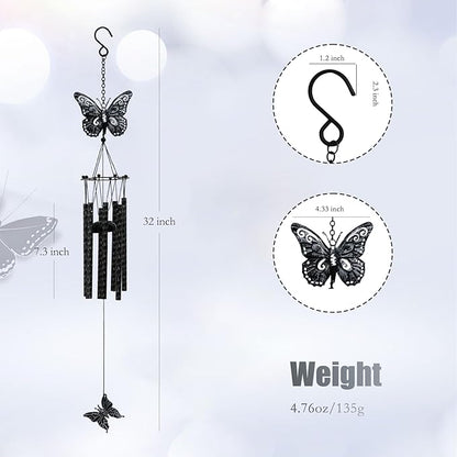 32'' Unique Butterfly Wind Chime for Outside Clearance, Garden Metal Windchimes for Outdoors Patio Decor(Black White)