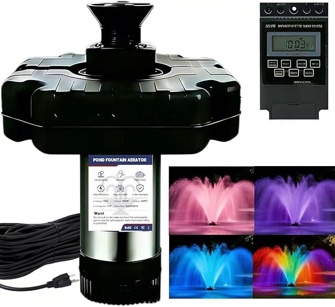 Pond Fountain Aerator,Pond Fountain, 1 HP with Dynamic LED RGB Lighting, Adjustable Modes, Digital Timer | 15,000 GPH, 750W 110V, 100FT Cord - for Large Ponds, Lakes & Outdoor Water Features