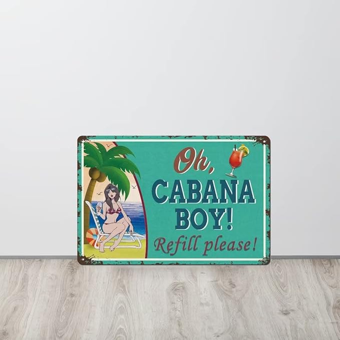 Cabana Boy Metal Sign Vintage Tiki Bar Signs for Outside Bar Home Yard Wall Decoration Pool Decor Patio Beach 12x8 Inch