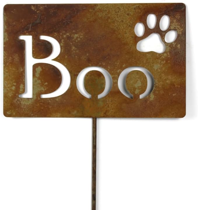 Classic Metal Garden Markers Clearance Items 20 to 33 Inches Tall (Boo + paw print 23", Naturally Rusted)