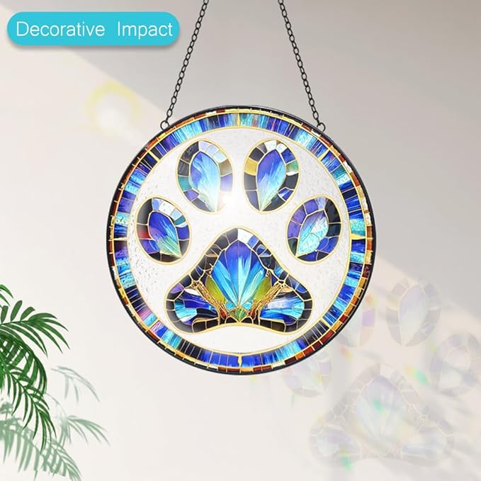 Paw Print Suncatcher Stained Glass Window Hanging - 8” Paw Print Stained Glass Suncatchers for Windows - Sun Catchers Indoor Wall Art Home Garden Decor Glass Panel - Dog Memorial Gifts for Mom Grandma