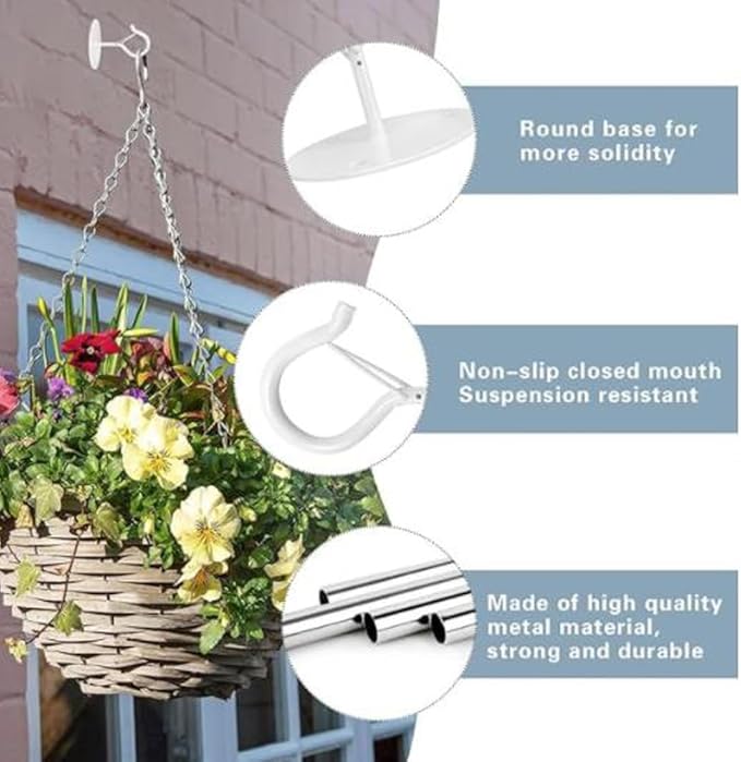 4 Pcs White Ceiling Hooks for Hanging Plants Holder with Safety Buckle,Ceiling Decor Hook Heavy Duty,Metal Plant Hanger Indoor&Outdoor.Hooks for Hanging Plants,Wind Chime,Bird Feeders (White)