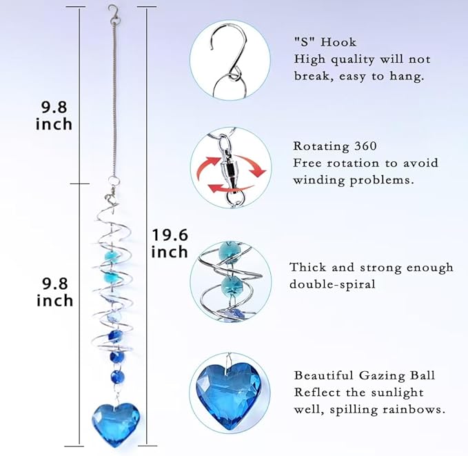 Big Heart Crystal Sun Catchers for Windows Hanging, Double-Spiral Design Gazing Ball Spiral Tail, Rainbow Maker Prism, Sun Catchers Indoor Window for Kitchen, Patio, Porch, Garden(Royal Blue)