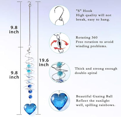 Big Heart Crystal Sun Catchers for Windows Hanging, Double-Spiral Design Gazing Ball Spiral Tail, Rainbow Maker Prism, Sun Catchers Indoor Window for Kitchen, Patio, Porch, Garden(Royal Blue)