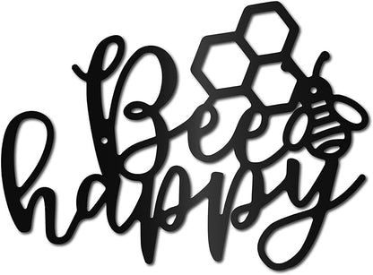 CREATCABIN Bee Happy Metal Wall Art Decor Wall Sculpture Hanging Decoration Sign Iron Outline Wall Art Black Rustic Decor Ornament Wall for Garden Indoor Outside Living Room Home Office 12 x 8.7Inch