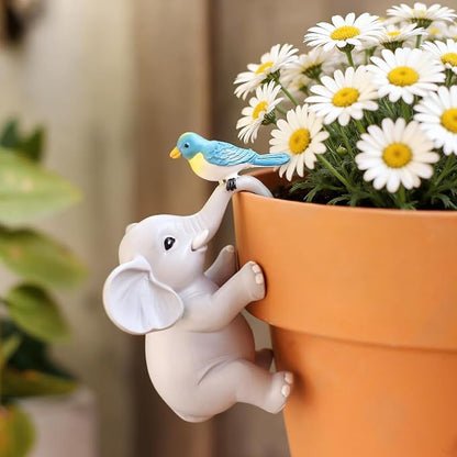 Cute Climbing Elephant with Bird Flower Pot Hugger Figurines Resin Hanging Elephant Statue Planter Pot Decorations for Home Garden Fence Balcony Patio Lawn Yard Ornaments