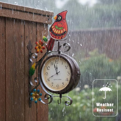 Vintage Indoor Outdoor Clock - Silent Non-Ticking, Double Sided Wall Clock with Cardinal Decor Waterproof for Garden, Patio, Yard, Farmhouse, Home Décor (Red)