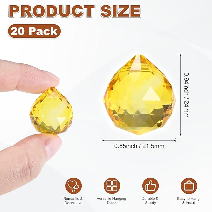 M METERXITY 20-Pack Crystal Ball Prisms, 24mm/0.94 Inch Chandelier Pendant Maker Hanging Crystals Chandelier Prisms for Home/Windows/Garden/DIY Decoration[Yellow]