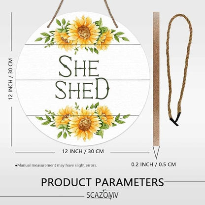 Round Rustic Wood Sign Plaque She Shed Sunflower Vintage Wall Art Sign Cute Wooden Hanging Sign Decor for Home Kitchen Living Room Farmhouse Garden Front Door Entryway Porch Yard 12 Inch