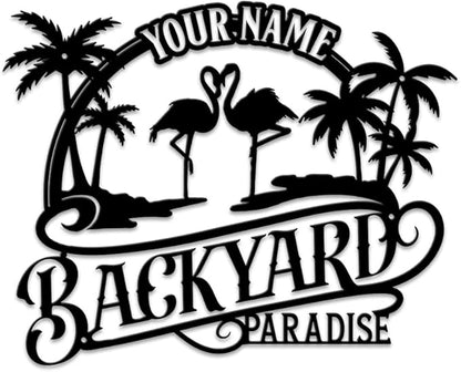 MeMate Personalized Outdoor Sign - Flamingo House Metal Sign for Porch Deck Backyard Patio Pool - Perfect Housewarming Gift
