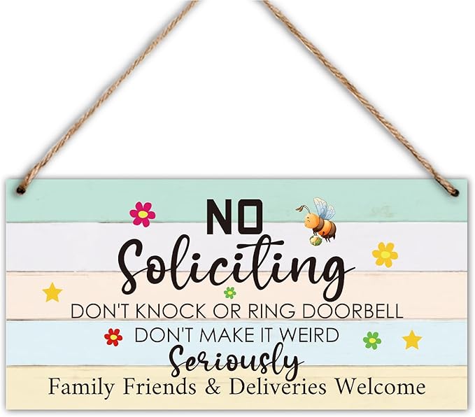 Wood Hanging Decor Sign, No Soliciting, Don't Knock or Ring Doorbell, Rustic Wood Front Door Plaque Wall Art Decor Gift, 10" x 5" Wood Decor Hanging Sign for Porch Yard Farmhouse House Outdoor-07