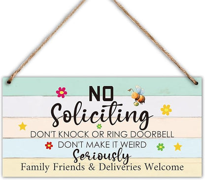 Wood Hanging Decor Sign, No Soliciting, Don't Knock or Ring Doorbell, Rustic Wood Front Door Plaque Wall Art Decor Gift, 10" x 5" Wood Decor Hanging Sign for Porch Yard Farmhouse House Outdoor-07