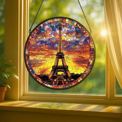 Stained Glass Window Hanging - 9.8in Eiffel Tower Paris Sunset View Sun Catchers Indoor Stained Glass Panels Wall Decor for Mom，Wife，Lovers，Festive