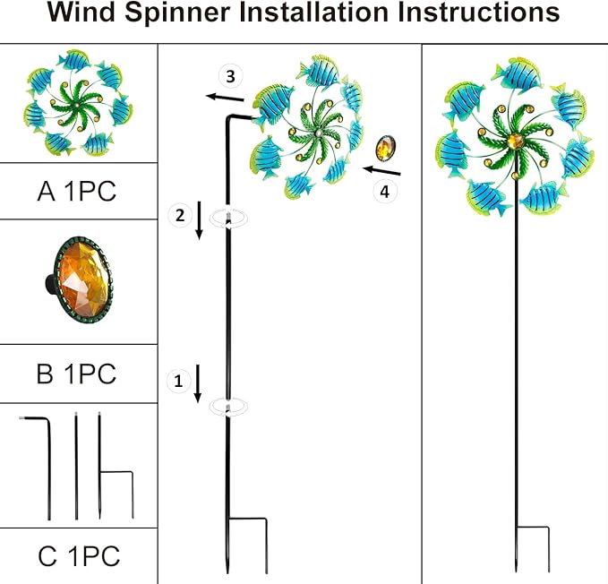 Tropical Fish Wind Spinners - 39" Ocean-Themed Metal Wind Sculptures Garden Stake Art, 13.5” Windmill Yard Kinetic, Outdoor Decor for Patio & Lawn - Metal Beach Sculpture with Fish Design
