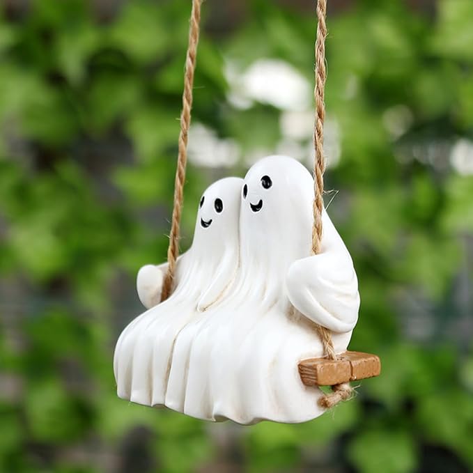Swing Ghost Couple Garden Statue Outdoor Halloween Decor, 3.1 Inch Cute Ghost Figurine Resin Sculpture Funny Tree Hanging Ornaments for Patio Lawn Yard