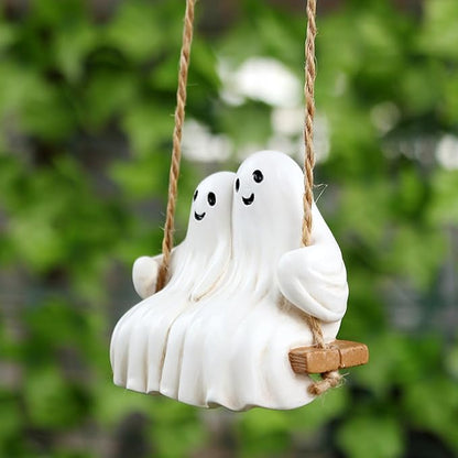 Swing Ghost Couple Garden Statue Outdoor Halloween Decor, 3.1 Inch Cute Ghost Figurine Resin Sculpture Funny Tree Hanging Ornaments for Patio Lawn Yard