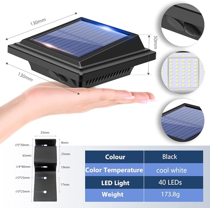 Solar Path Lights, 40 LED Deck Fence Decor - Outdoor, Waterproof for Wall, Porch, Yard, Pool, Steps, Garden, Path (2Pack,White Light)