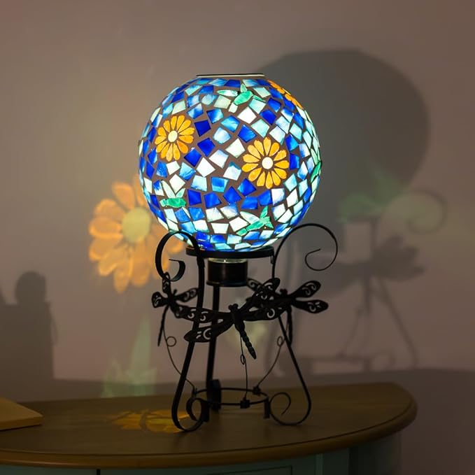 Stargarden Solar Gazing Ball, 10" Mosaic Gazing Ball,Glass Gazing Globe with Metal Stand, Decorative Solar Globes for Patio, Lawn, Garden Decor