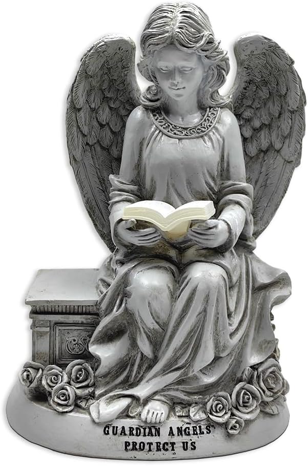 OrnamentallyYou Spring & Summer-Themed Garden Statues – Adorable Outdoor Decor for Lawn, Patio & Porch (Guardian Angel Reading Book Garden Statue, 10" Solar Powered Angelic Outdoor Figurine)