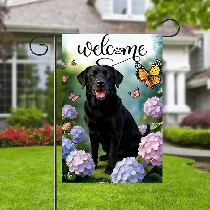 Welcome Spring Summer Garden Flags 2x18 Double Sided, Small Burlap Seasonal Farmhouse Rustic Black Lab Labrador Dog Garden Flag Spring Summer Decoration Outdoor Yard Lawn Porch Flags for Outside Décor
