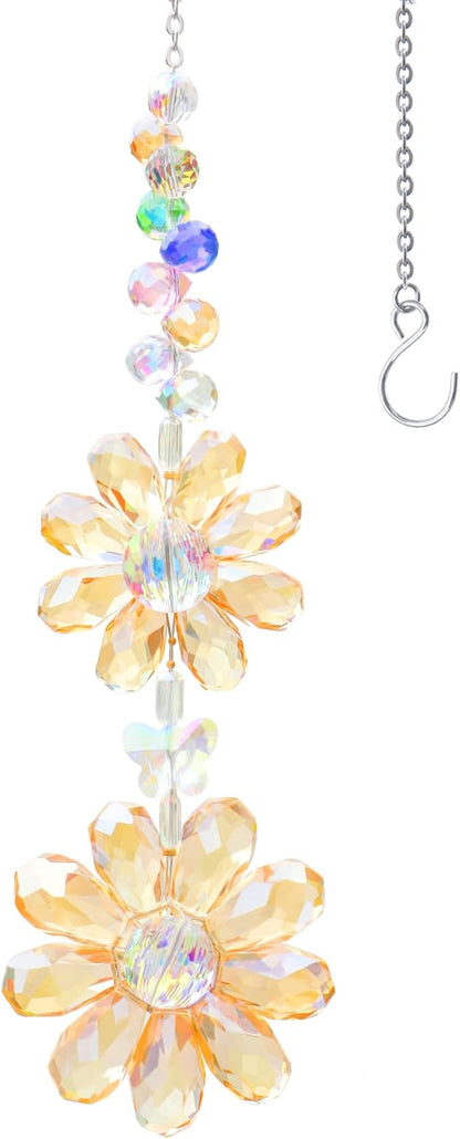 Crystal Flower Suncatcher Hanging Ornament, Rainbow Maker Window Sun Catcher Indoor Outdoor Patio Garden Decor (Gold)