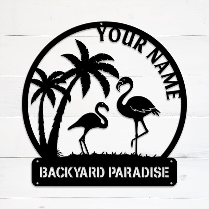 MeMate Flamingo House Signs, Flamingo House Metal Sign, Personalized Name Outdoor Sign, Flamingo House Outdoor Décor for Porch Deck Backyard Patio Pool, Flamingo Metal Sign Housewarming Gift for Family Friend 05