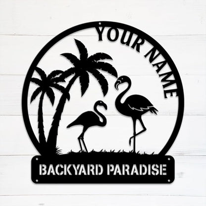 MeMate Flamingo House Signs, Flamingo House Metal Sign, Personalized Name Outdoor Sign, Flamingo House Outdoor Décor for Porch Deck Backyard Patio Pool, Flamingo Metal Sign Housewarming Gift for Family Friend 05