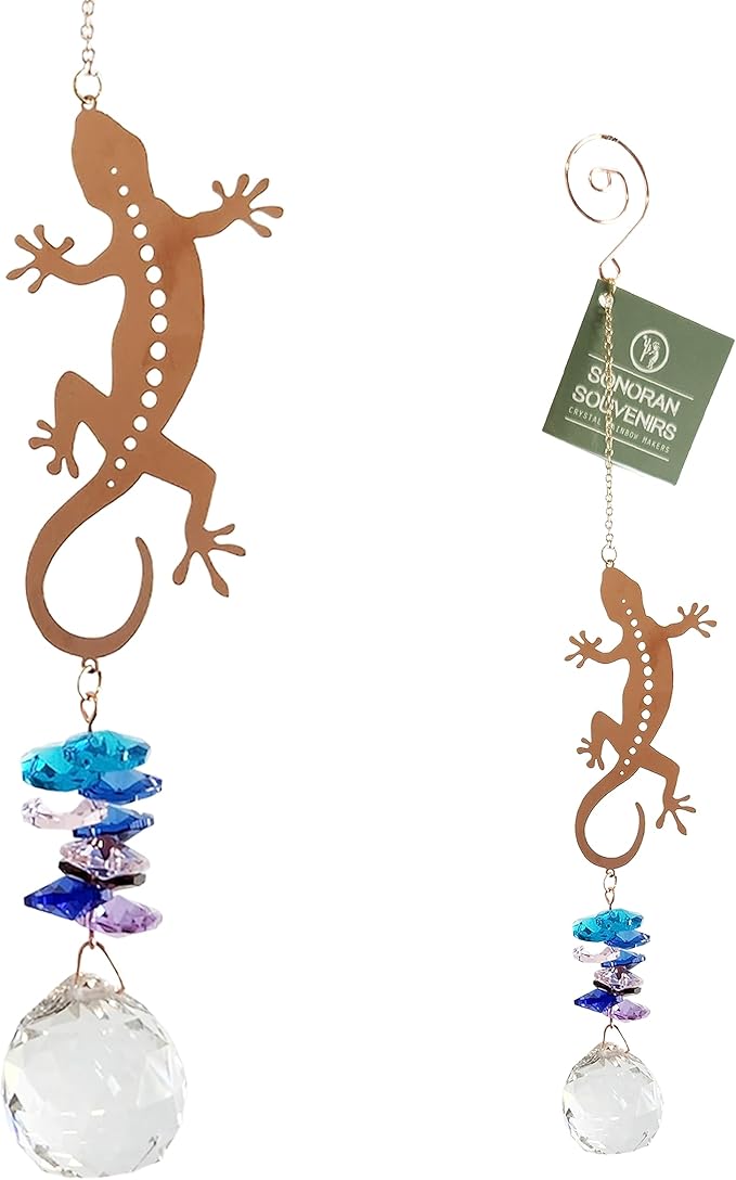 Crystal Gecko Sun Catcher Hanging Ornament - Metal Prism Rainbow Maker for Window Decor for House Warming Decoration Crystal Cascade Suncatcher - Feng Shui by Sonoran Souvenirs