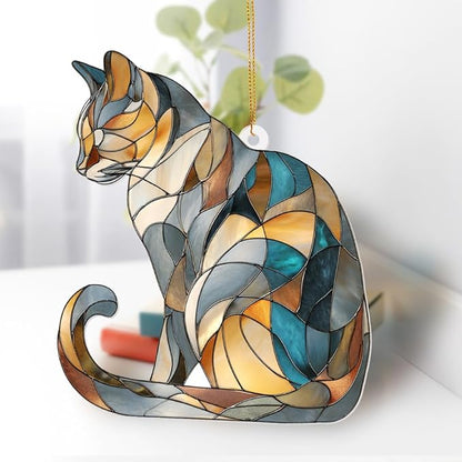 Stained Glass Cat Ornament – 2025 Christmas Tree Decoration, Handmade Animal Suncatcher for Window, for Cat Lovers & Unique Home Décor (Sun-03)