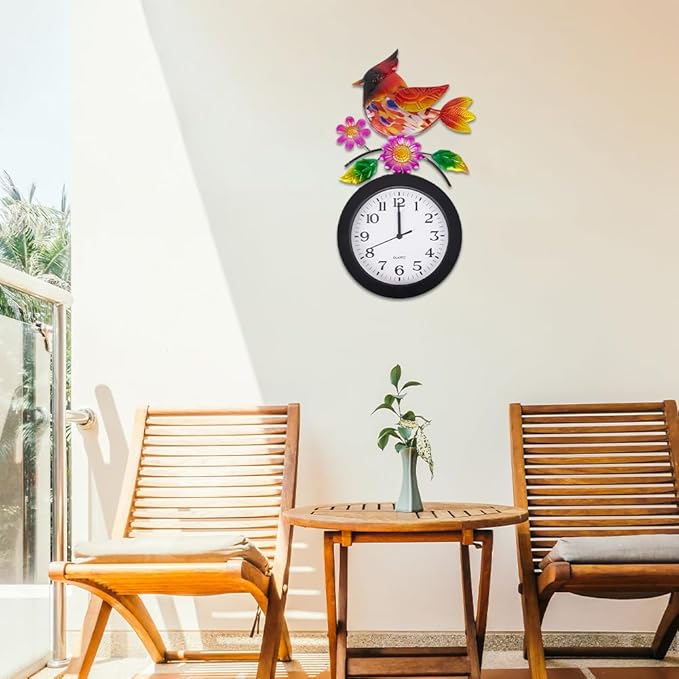 Outdoor Clock with Cardinal and Flowers, Cardinal Birds Outdoor Wall Clock Waterproof, Silent No-Ticking Outdoor Clocks for Garden, Fence, Patio, Living Room