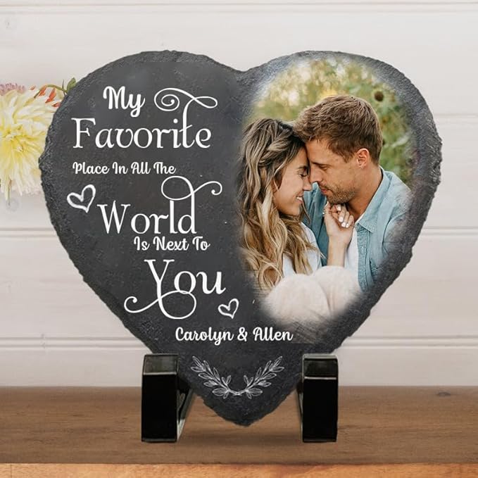 NAZENTI Custom Photo My Favorite Place In All The World Is Next To You, Couple Personalized Heart Shaped Stone With Stand, Gift For Husband Wife Anniversary Couples