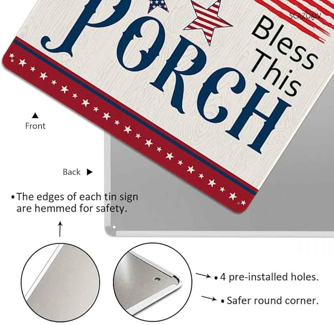 SCAZOMV God Bless This Porch Metal Sign Independence Day 4th of July Gifts Patriotic American Home Decor for Labor Day USA Art Wall Hanging Decoration for Front Door Outdoor Outside Porch