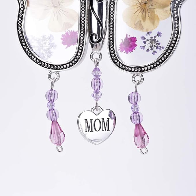 Laraine Butterfly Suncatcher with Pressed Colourful Flower Wings Mother's Day Butterfly Glass Wind Chime Ornament Charm with Metal Heart Gifts for Mom Grandma Birthday (Yellow Mom)
