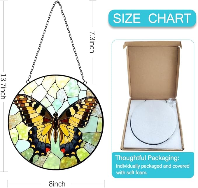 Butterfly Sun Catchers Indoor Window - 8 Inch Stained Glass Window Hanging - Stained Glass Suncatcher - Suncatchers for Windows Hanging - Decoration for Home Garden Mother's Day Birthday Gifts for Mom