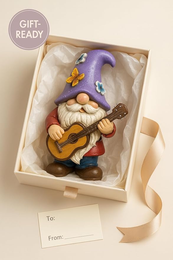 GoGnome Musical Gnome Figurine with Guitar – Handcrafted Resin Garden or Shelf Decoration, 6.2" Tall Whimsical Gnome Statue with Purple Hat, Flowers & Butterfly, Gift for Music Lovers (Purple)